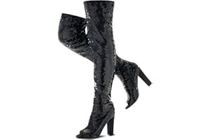 KHPAERMEI Sparkly Thigh High Boots for Women Sexy Sequin Over The Knee High Boots Party Prom Open Toe Chunky High Heels