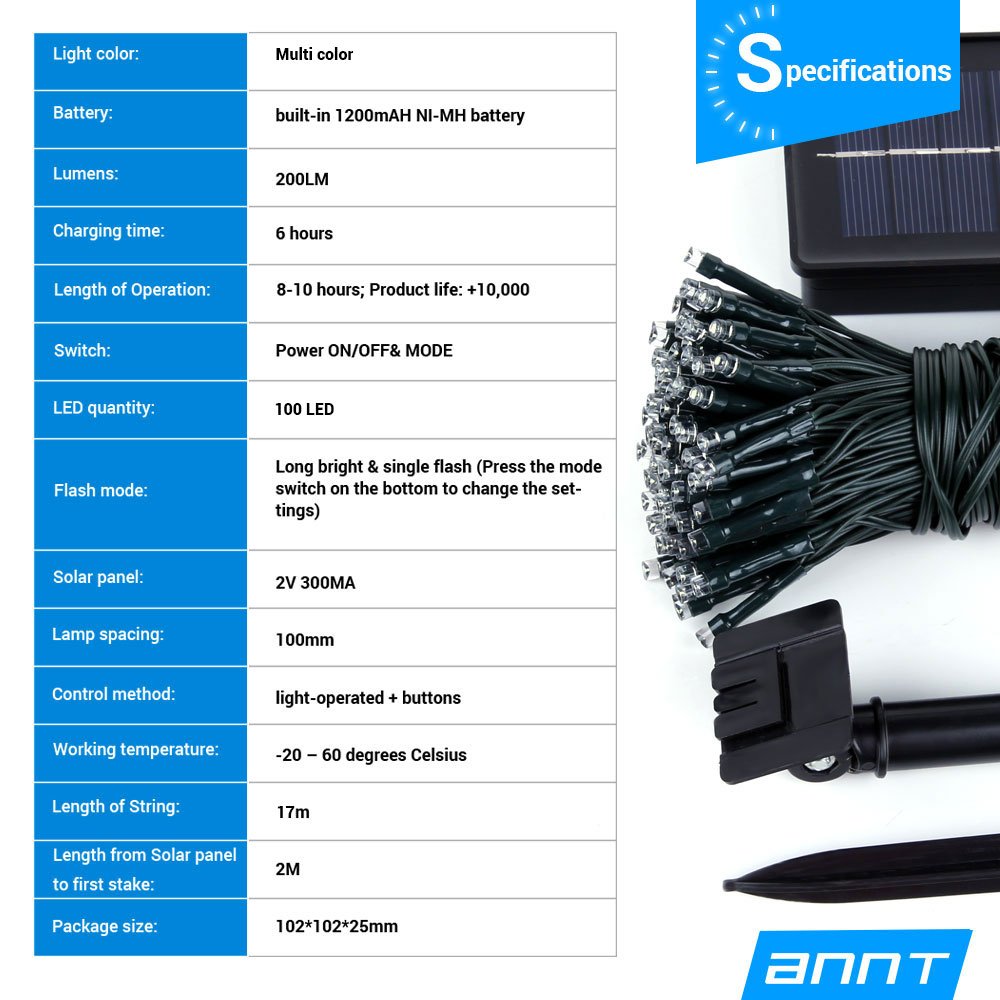 ANNT Solar Powered LED String Light, Ambiance Lighting, 55ft 17m 100 LED Solar Fairy String Lights for Outdoor, Gardens, Homes, Christmas Party (100 LED, Multi color)