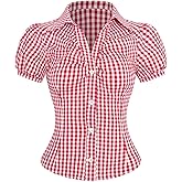 SweatyRocks Women's Y2K Short Puff Sleeve Button Down Fitted Gingham Plaid Crop Top Blouse