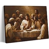 The Last Supper Canvas Wall Art Christian Wall Decor Pictures Jesus Print Artwork Religious Beliefs Bible Painting for Church Restaurant Gallery Decoration 16x12in With frame