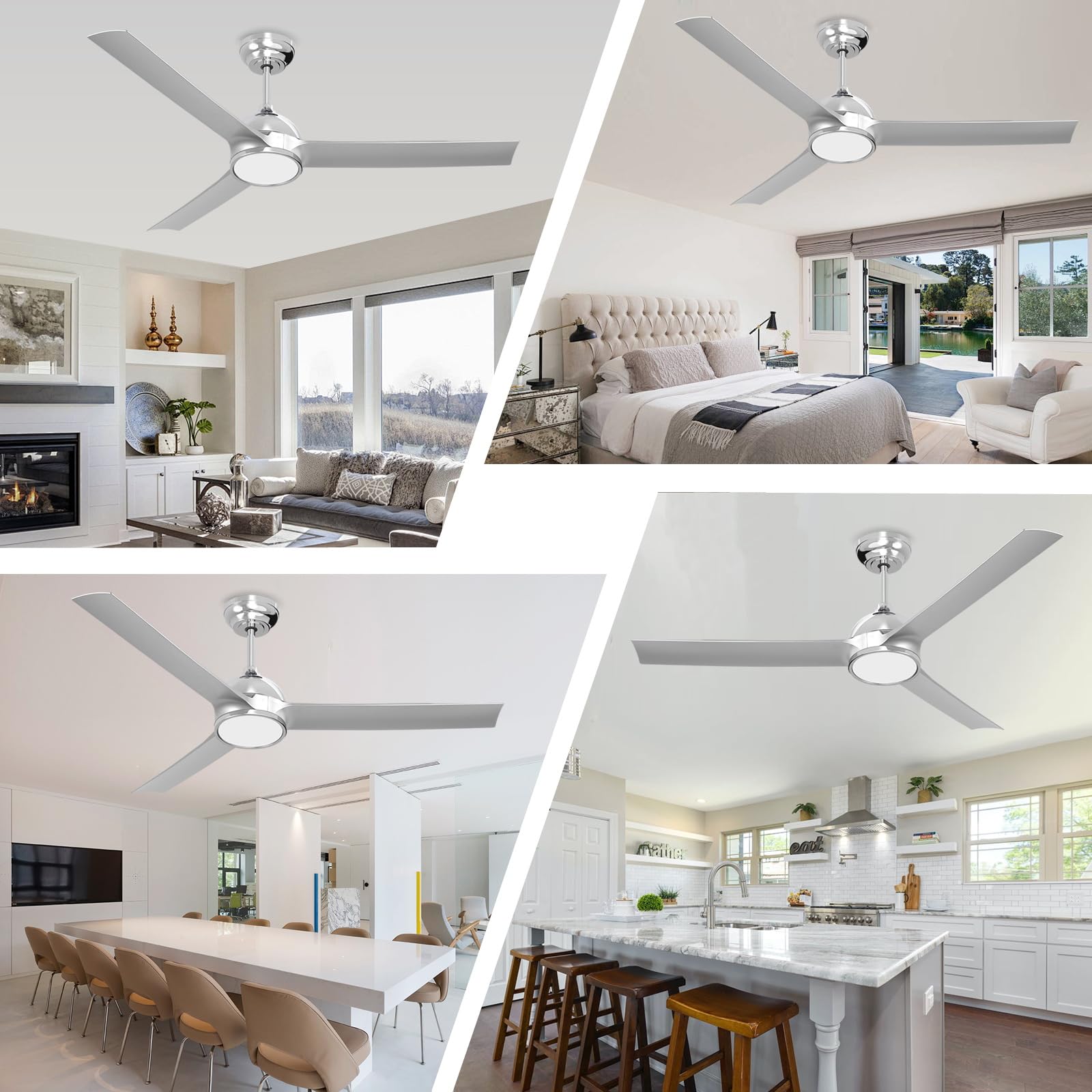 Fanliving 52 Inch Modern Silver Ceiling Fan with Lights Remote Control, Quiet DC Motor/Dimmable 3 Color LED/6 Speed High CFM/3 Blade Indoor Ceiling Fans for Bedroom/Living Room
