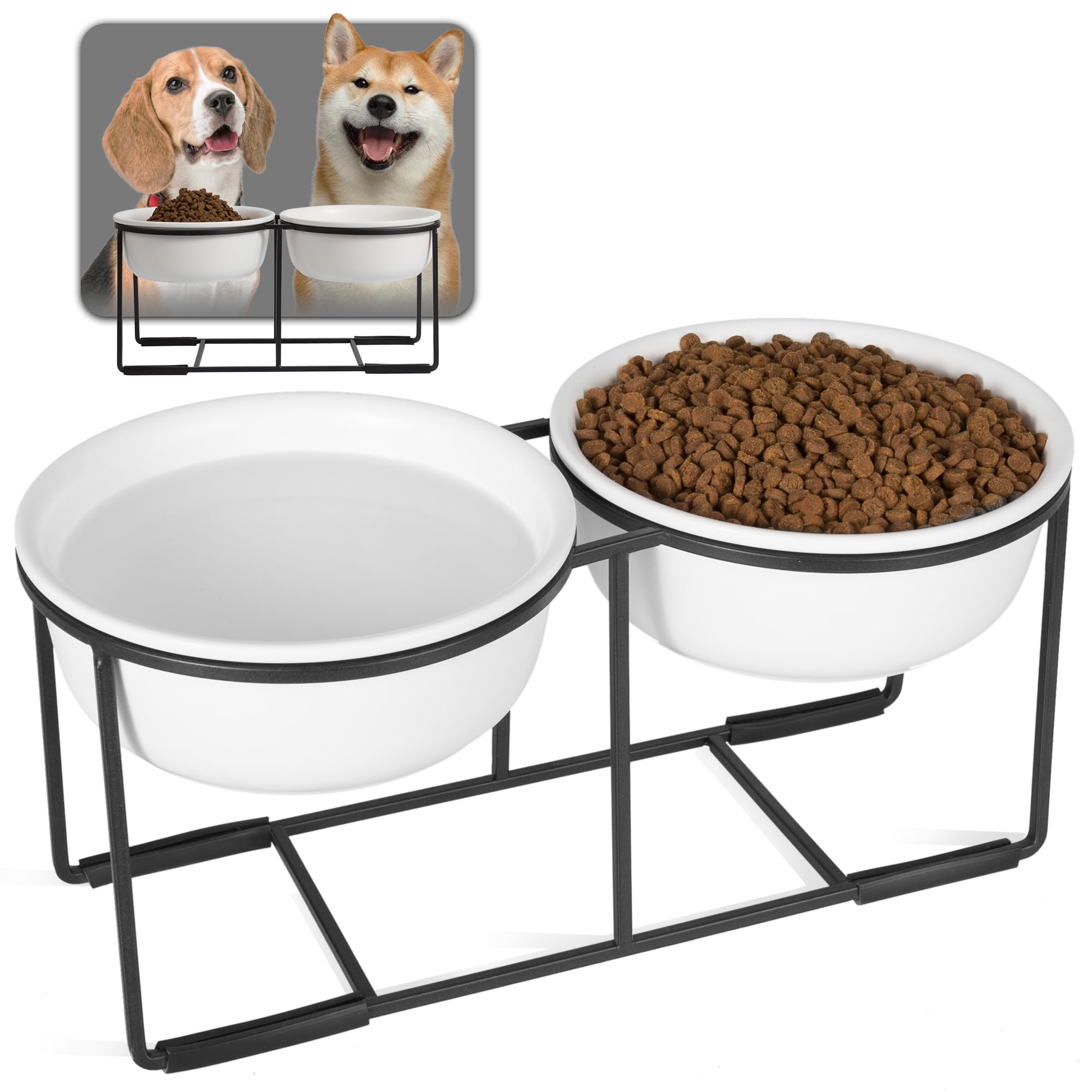Photo 1 of Ceramic Elevated Dog Bowl Set - Raised Food and Water Bowls with Metal Stand - Double Pet Dishes for Small and Medium Dogs - 2 Cups - 27 fl oz - Matte Whit