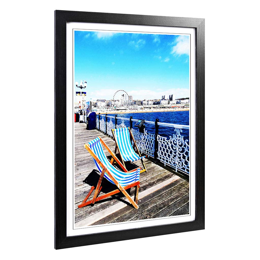 Big Box Art Framed Print of Deckchairs Brighton Beach Pier Design | Wall Art Picture | Home Decor for Kitchen, Living, Dining Room, Bedroom, Hallway, Office, Black, A2 / 24.5x18 Inch / 62x45cm