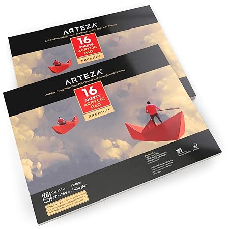 Arteza Acrylblock — Weißes Malpapier für Acrylfarben und Ölfarben — Acrylpapier (246lb/400g) — 16 Blätter Pro Malblock 2 Stüc