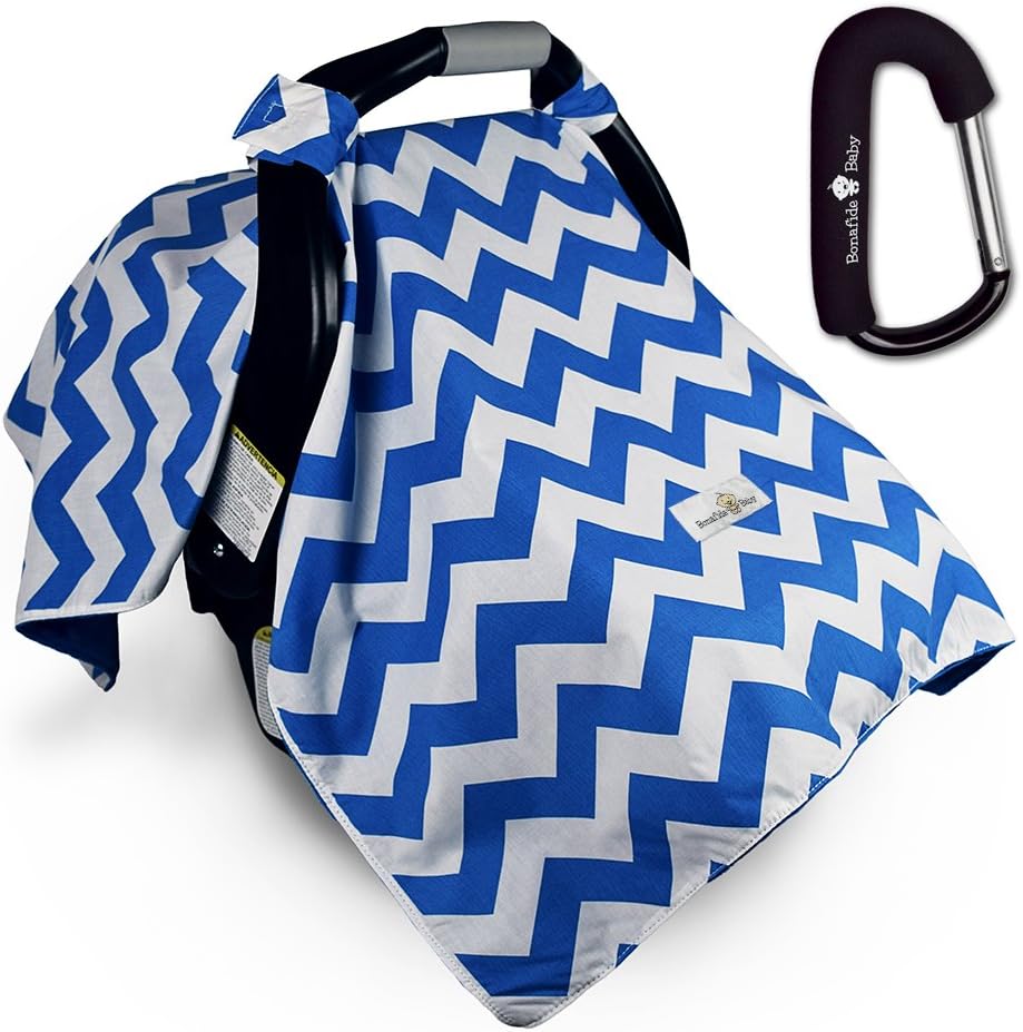 Car Seat Cover w/ Free Stroller Hook – Blue Chevron