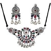 Siddhatva Indian Designer Statement Afghani Silver Oxidised Enamel Ethnic Traditional Small Choker Necklace Jewelry Women