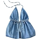 OYOANGLE Women's Sleeveless Tie Front Halter Denim Top Y2K Backless Going Out Jean Tank Tops