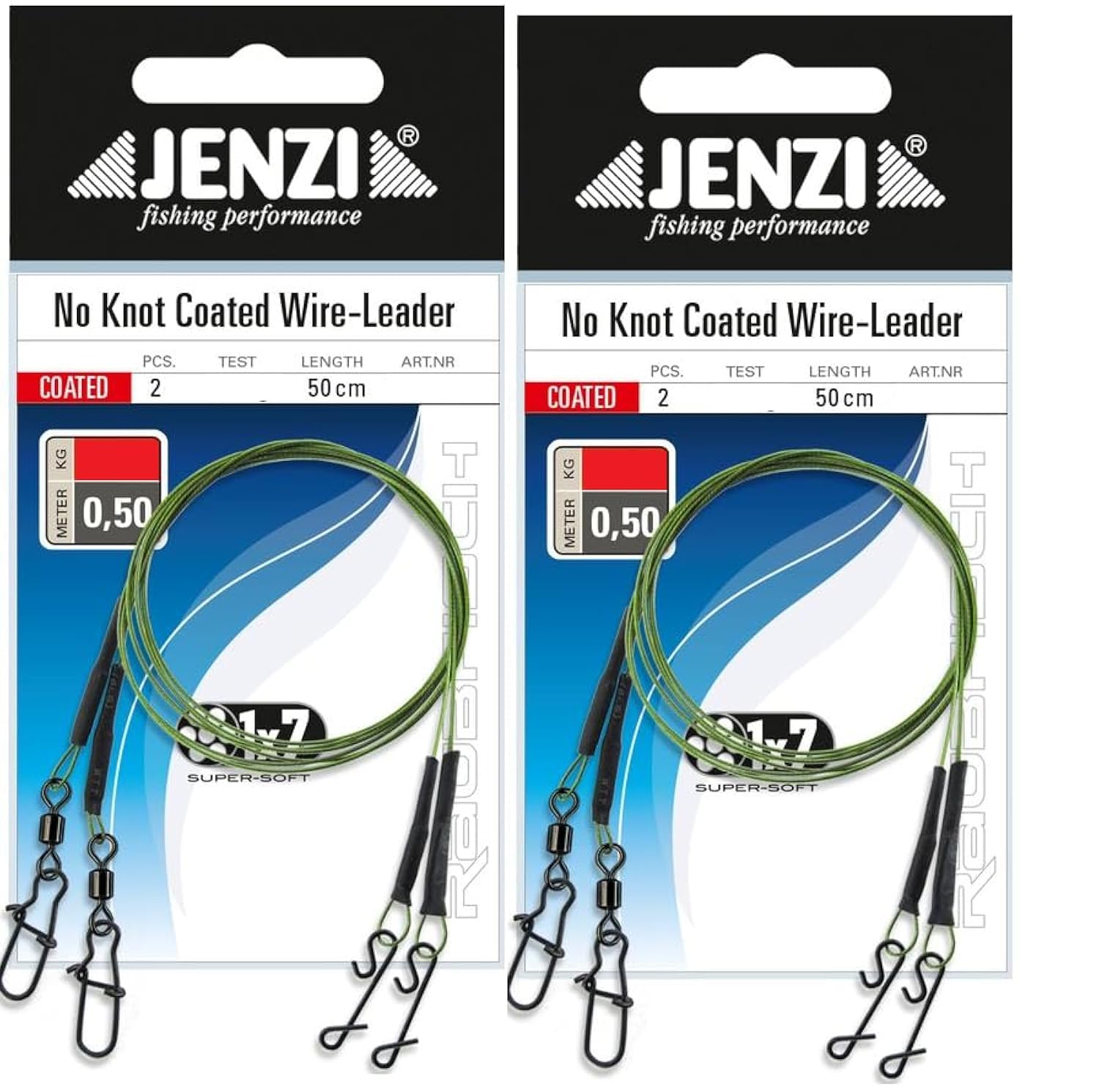 Set of 4 x 1x7 steel leader with swivel and knotless connector by Jenzi, 5, 7, 9, 12 and 15 kg, length 50 cm + Petri Heil! sticker (15 kg)
