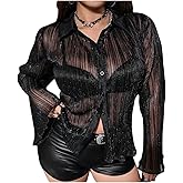 OYOANGLE Women's Plus Size Striped Sheer Bell Sleeve Button Down Blouse See Through Collared Shirts Clubwear
