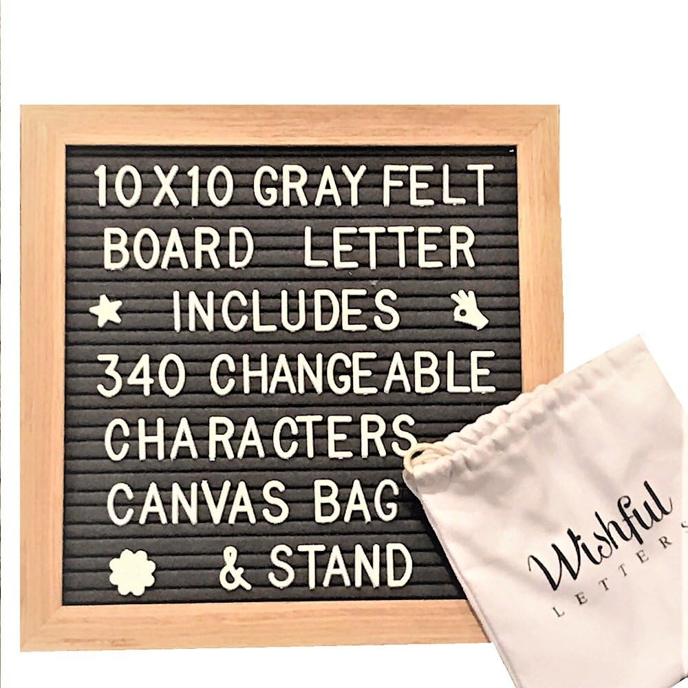 Gray Felt Letter Board | 10x10 Inches | Includes Wooden Stand, Canvas Bag, Wall Mount, Changeable 340pc White Plastic Characters Set