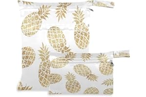 AUUXVA Waterproof Wet Dry Bag 2 Pack Gold Pineapple Pattern Cloth Diaper Bag Organizer Pouch Set with Zipper Pocket Washable Wet Bag for Travel Hiking Swimsuit