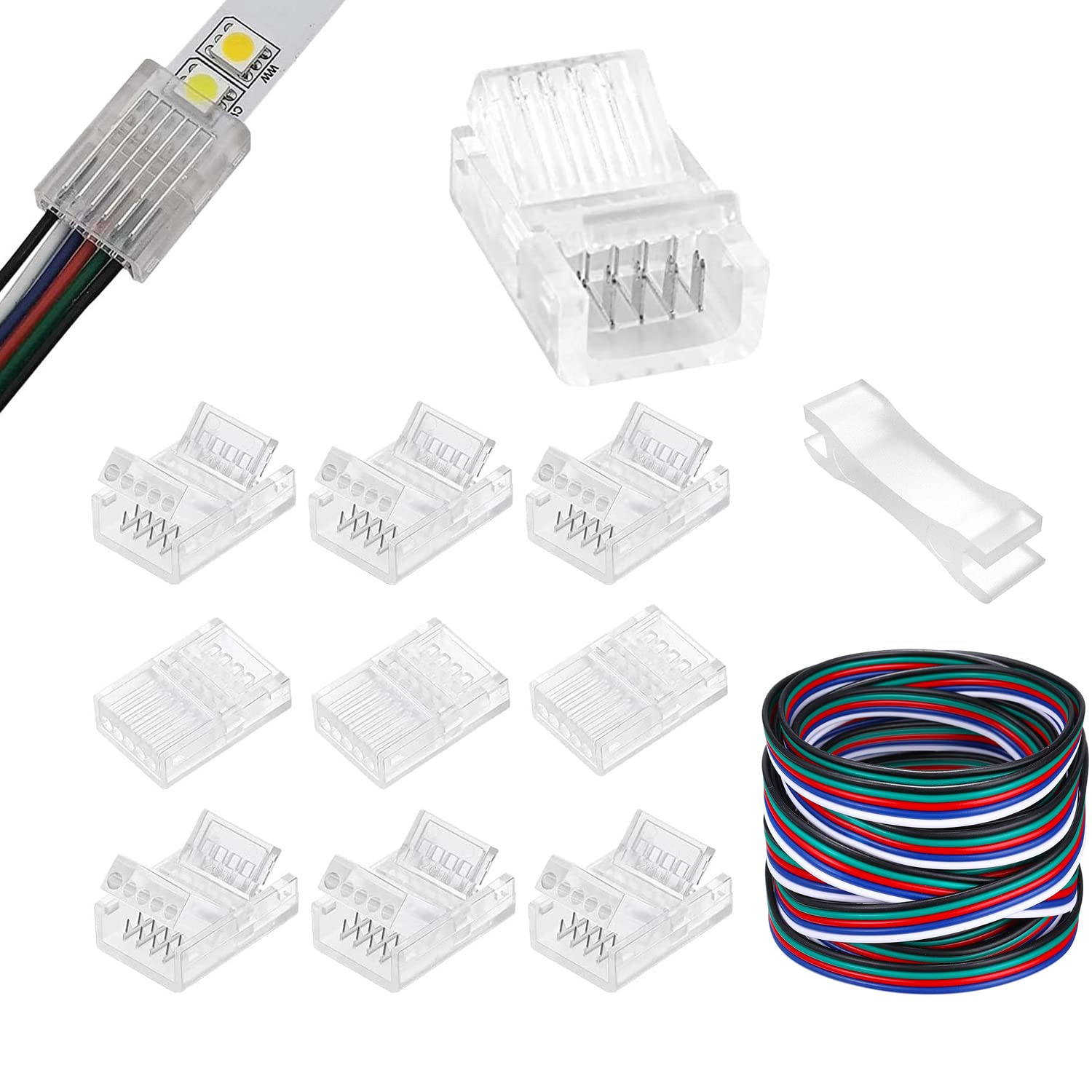 5 Pin LED Connectors 10mm Wide Unwired Gapless Solderless Strip to Wire Quick Connectors Adapter With 5m Extension Cord for Waterproof or Non-Waterproof SMD 5050 RGBW 5PIN LED Strip Lights-10Packs