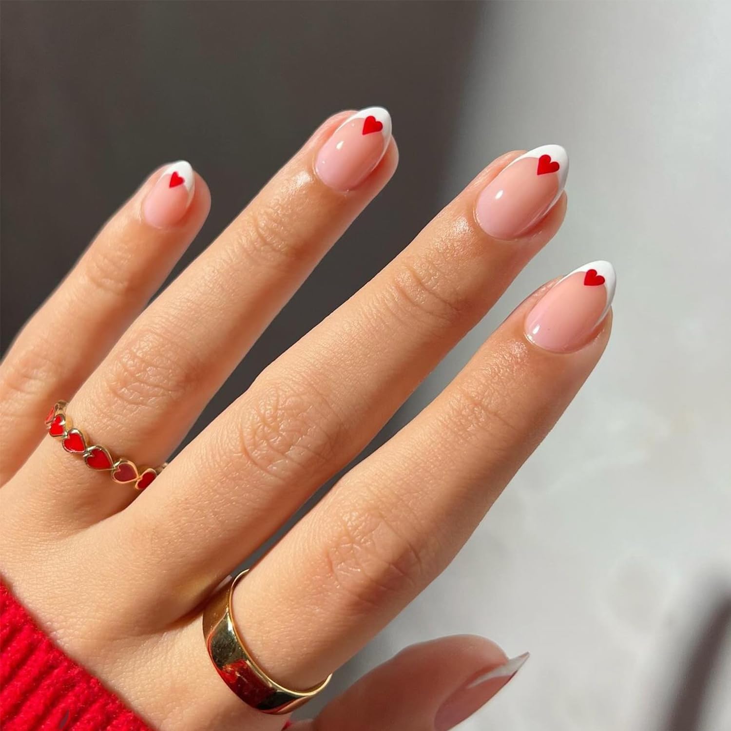 Photo 1 of Red Heart Press on Nails Short Almond Valentines Fake Nails NEWSPIED White French Tip Nails Press ons Petite Cute False Nails Valentines Stick on Nails for Women Nail Decorations 24Pcs