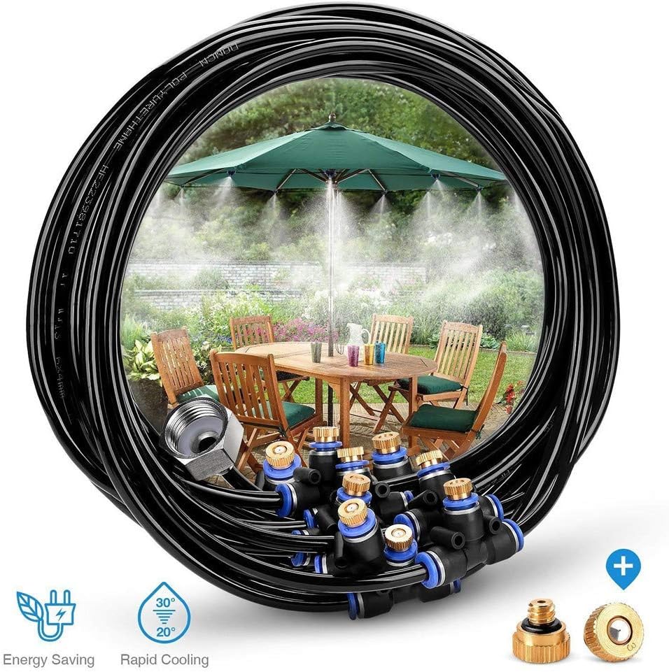 Irrigation System, Air Misting Outdoor Cooling System Kit- 8M Misting Line + 9 Metal Mist Nozzles + a Brass Adapter for Outdoor Patio Garden Watering Reptile Mosquito Prevent
