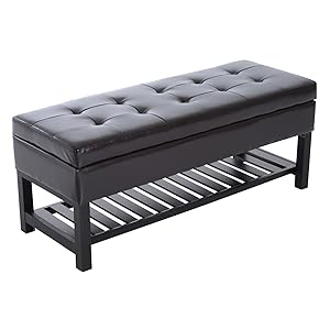 HOMCOM 44" Tufted Faux Leather Ottoman Storage Bench with Shoe Rack - Dark Brown