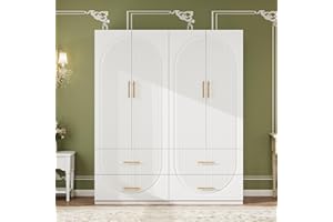 Keloyid Wardrobe Armoire Closet with 4 Door Shelves 4 Drawers and Hanging Rod Wooden Storage Cabinet for Bedroom White Tall Armoire Wardrobe