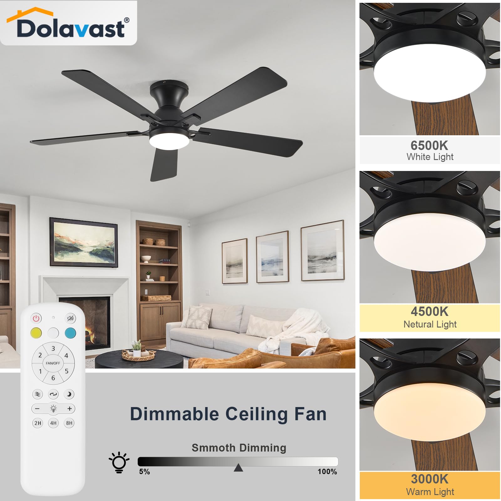 Ceiling Fans with Lights, 52 Inch Low Profile Ceiling Fan with Light and Remote Control, Flush Mount, Reversible, 3CCT, Dimmable LED, Quiet, Black Ceiling Fan for Bedroom, Living Room