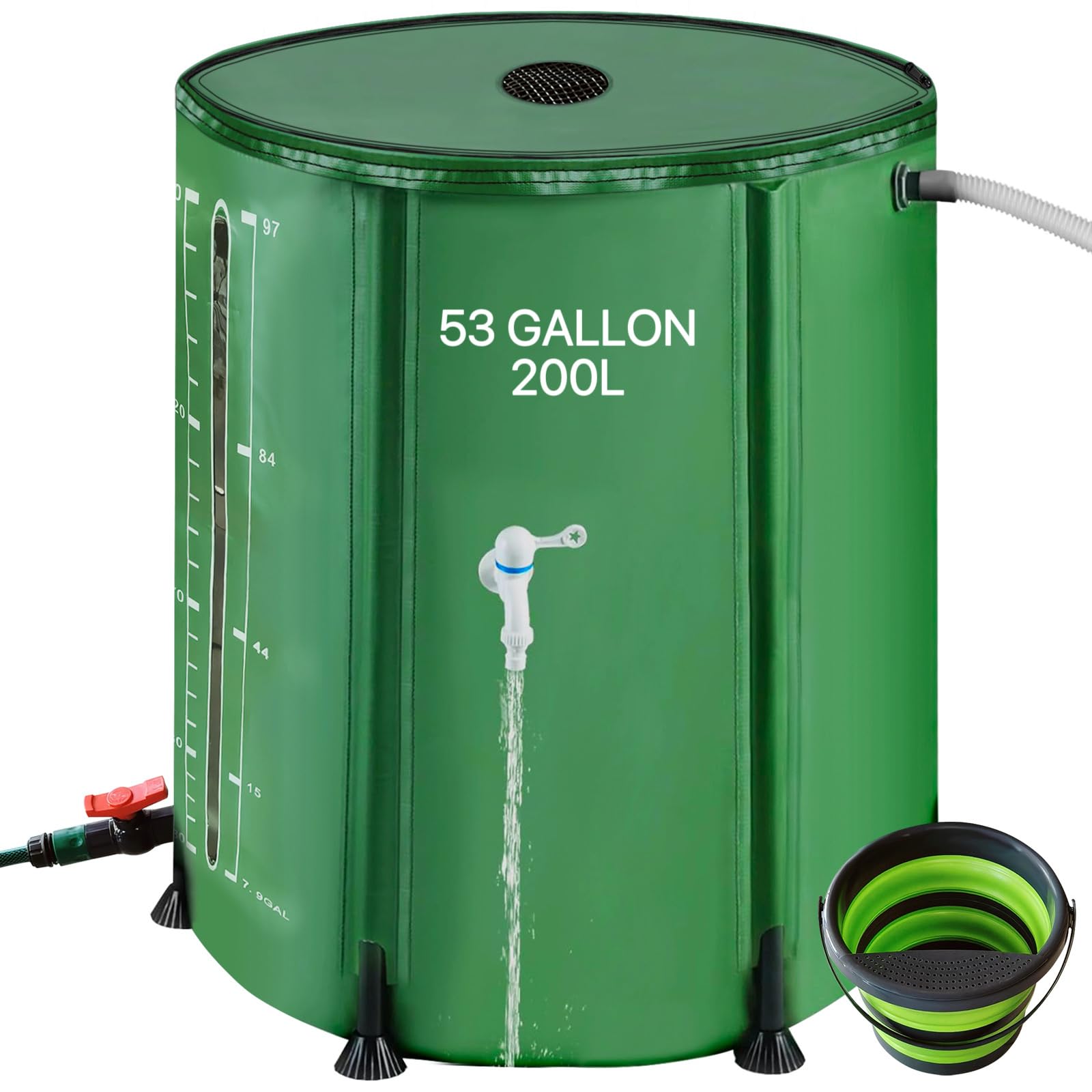 Photo 1 of 53Gallon/200L Rain Water Collection Barrel, Portable PVC Rain Barrels to Collect Rainwater from Gutter, Large Capacity Rainwater Collection System with Water Level for Garden Water Catcher, Green