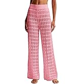 Saodimallsu Womens Crochet Cover Up Pants Sheer Mesh High Waist Sexy Casual Knit Summer Swimsuit Coverup Beach Pants