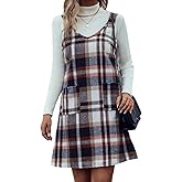 IDEALSANXUN Plaid Overall Dress for Women Fall Winter Sleeveless Plaid Dresses with Pockets
