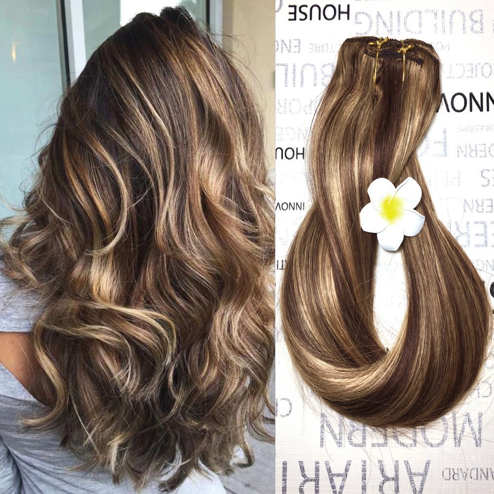 Medium Brown Human Hair Extensions Clip In 4 27 Highlighted Clip