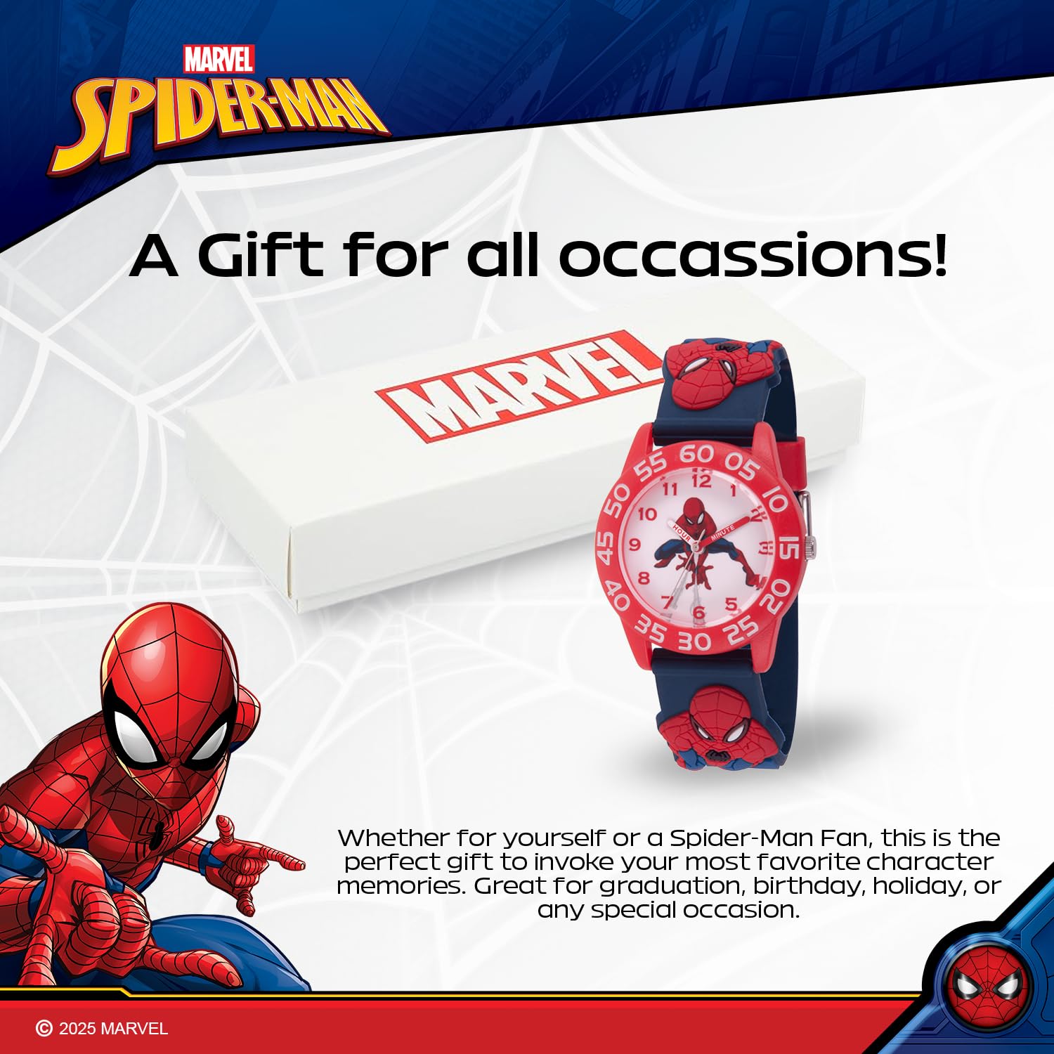 Marvel Spiderman Watch for Kids - Spiderman Watch Boys - Spider-Man Watches for Boys 4-6 - Toys - Kids - Marvel Toddler - Teen - Dark Blue Case - Multicolor 3D Strap