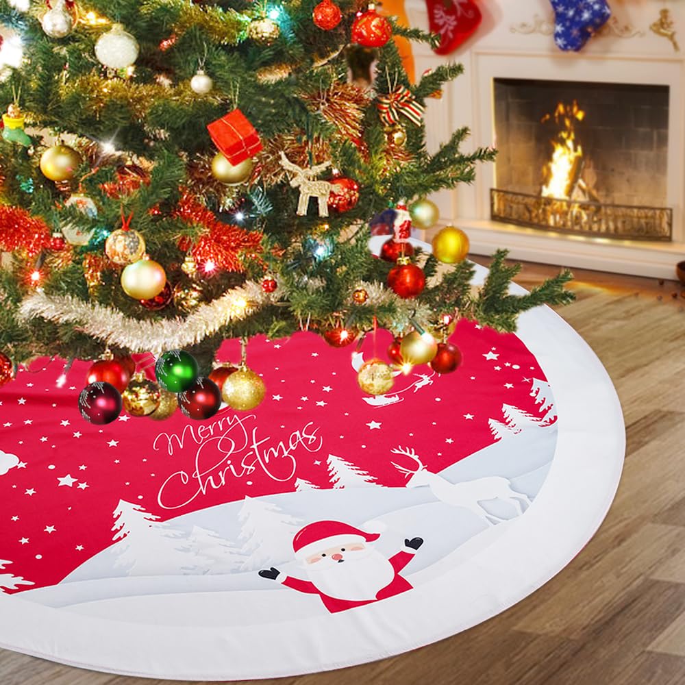 Photo 1 of Multiwins Christmas Tree Skirt 48 inches, Red Tree Skirt Ornaments Soft Plush Christmas Tree Mat with Cute Santa Claus White Reindeer Christmas Tree Skirts for Holiday Party Indoor Outdoor