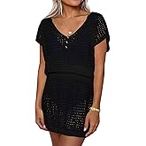 AOLRO Women's Swim Coverups Crochet Hollow Out Short Sleeve V Neck Beach Swimsuit Bathing Suit Cover Up Dresses S-XXL