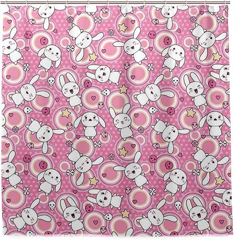 Amazon Nikivivi 防水シャワーカーテン アニメ面白いかわいいイラストとウサギファンキーな動物バニー子供ユーモアテーマプリントdecorati 浴室 間仕切り取付簡単 カーテンリング付属 おしゃれ バスカーテン 180ｘ180cm シャワーカーテン ホーム キッチン