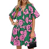Wenrine Women's Summer Button Down Shirt Dress Floral Puff Short Sleeve Casual Loose Fit Beach Mini Dresses