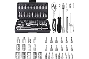 Okumoe Socket Set, 46PCS 1/4 Inch Wrench Set, Ratchet Wrenches Set with CR-V Sockets Metric & Extension Bar for Automotive Re