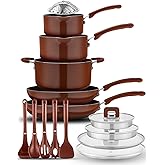 NutriChef 17pcs Brown Stackable Pots and Pans Set, Nonstick Induction Cookware, Space Saving Cookware, Easy Clean, Ideal For RV and Camper, Includes a Foldable Steamer Basket and Cooking Utensils