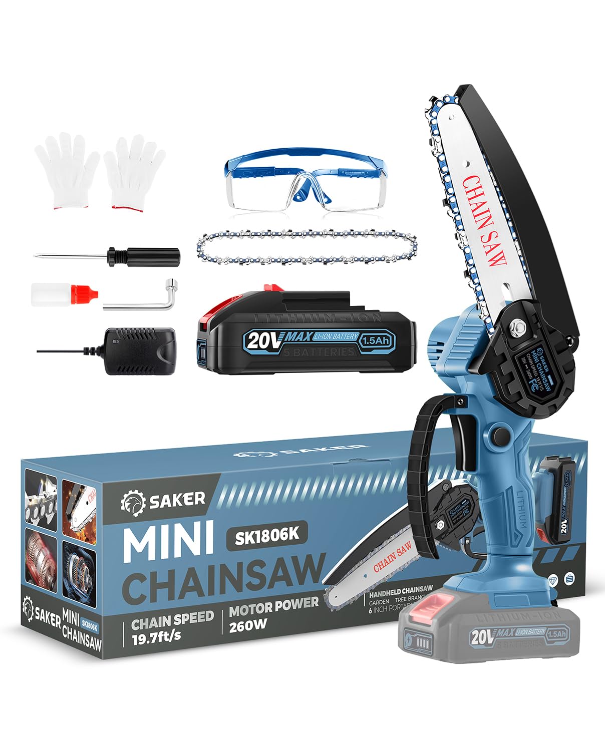 Saker Mini Chainsaw|6 Inch Chainsaws[2025 Upgraded]|Mini Cordless Electric Chain Saw|Small Handheld Portable Chain Saws Battery Powered Saw for Tree Trimmer and Garden,Christmas Gifts Image