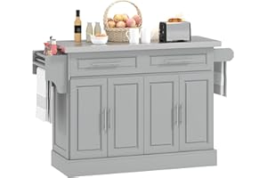 HOMCOM Rolling Kitchen Island Cart with Wheels, Portable Island Table for Kitchen with Stainless Steel Top, Adjustable Shelves, 2 Drawers, Spice, Knife and Towel Rack, Gray