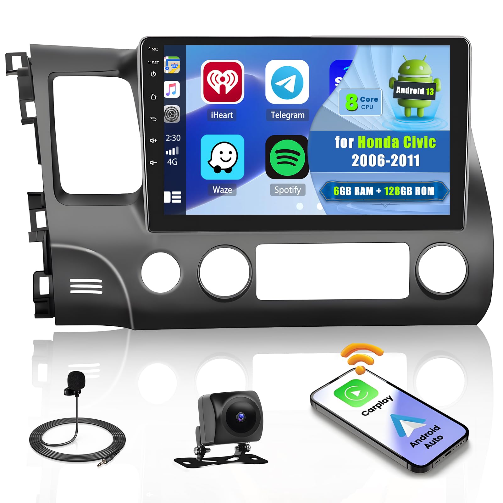 Photo 1 of 8Core 6G+128G Stereo for Honda Civic 2006-2011, Android Car Play Stereo Wireless Apple Carplay Android Auto, 10.1 inch IPS 1280*720 Touch Screen CarPlay Radio Bluetooth DSP 5G WiFi+Free AHD Backup Cam