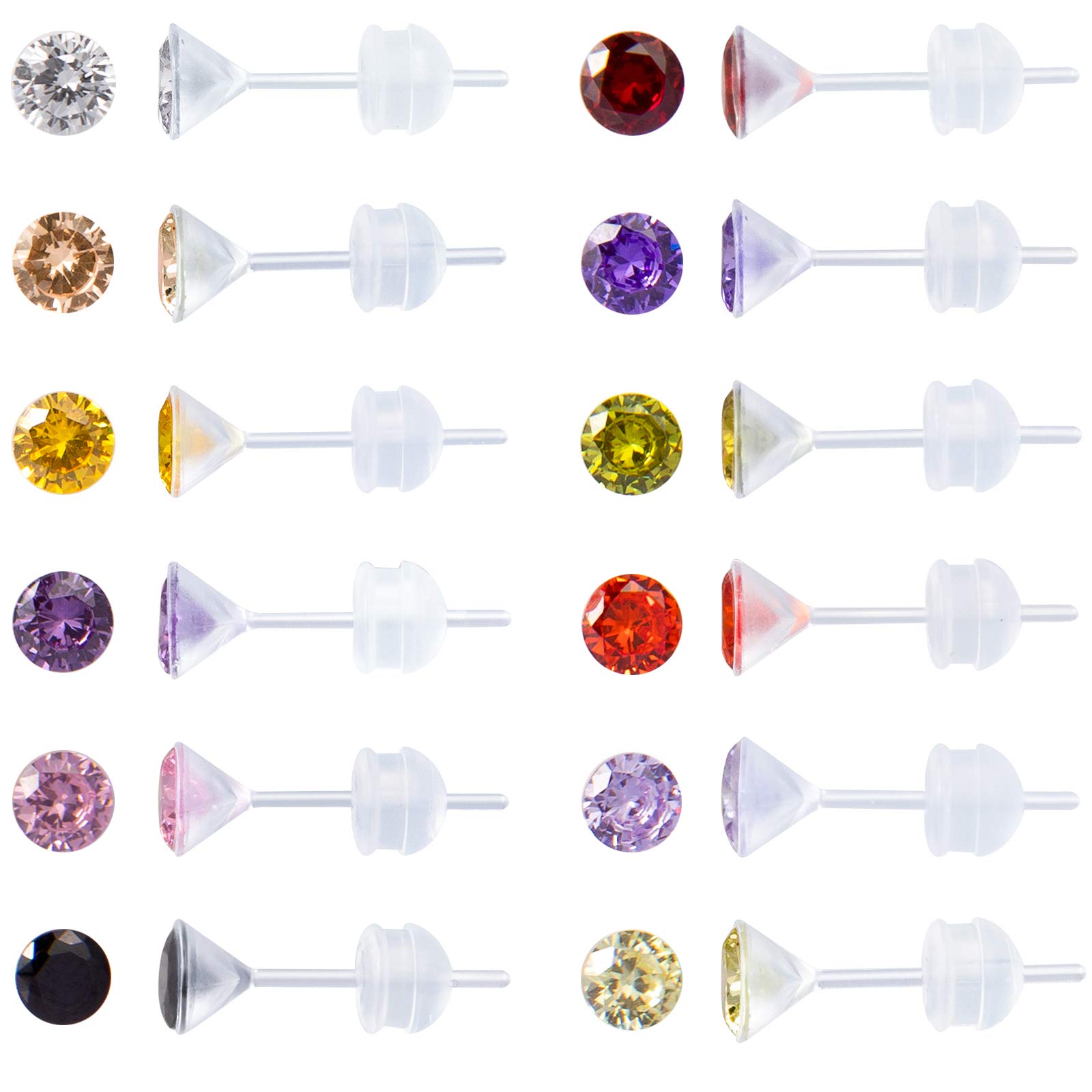 12 Pairs Plastic Earrings for Sensitive Ears Plastic Earrings for Women Cubic Zirconia Birthstone 2mm 3mm 4mm 5mm, 4MM, Acrylic, Cubic Zirconia