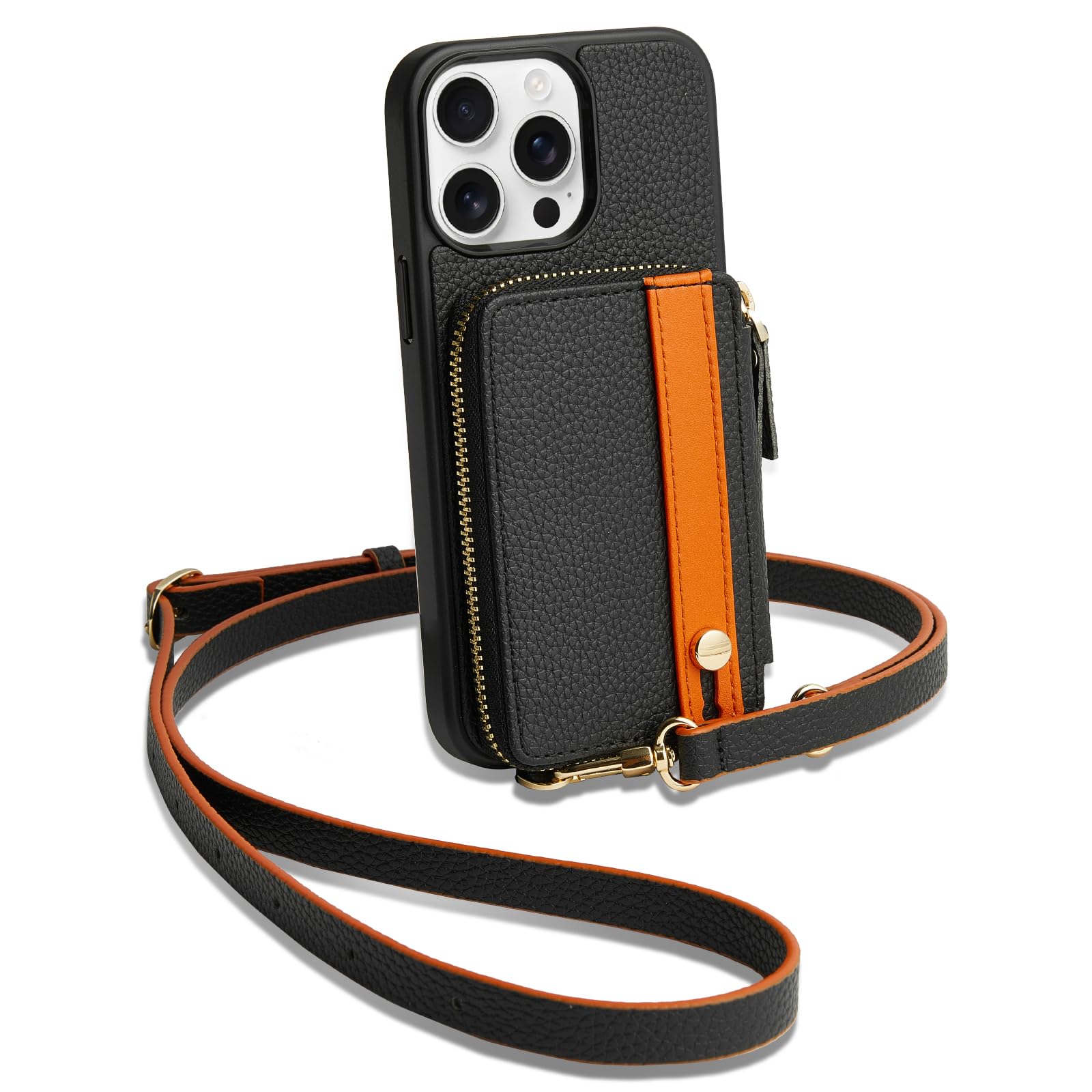Photo 1 of LAMEEKU for iPhone 15 Pro Wallet Case with Card Holder, Zipper Leather Crossbody Case with Kickstand Wrist Strap Lanyard for Women, Protective Cover with Phone Grip Holder Stand 5G 6.1 inch Black