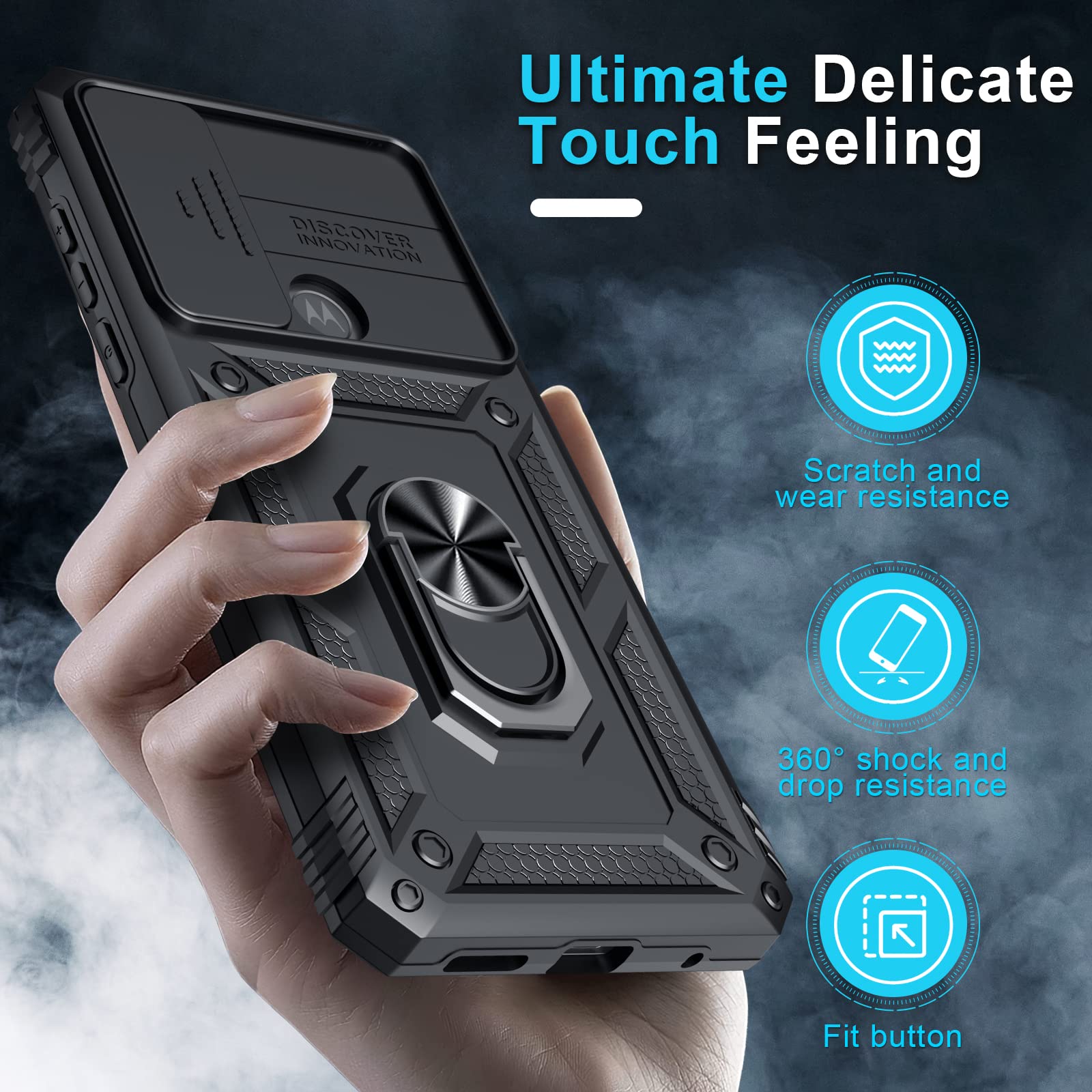 Janmitta Compatible with Moto G Play 2023,G Power 2022/G Pure Case Built in Slide Camera Lens Cover+Screen Protector+Ring Holder,Heavy Duty Shockproof Full Body Phone Cover,Black