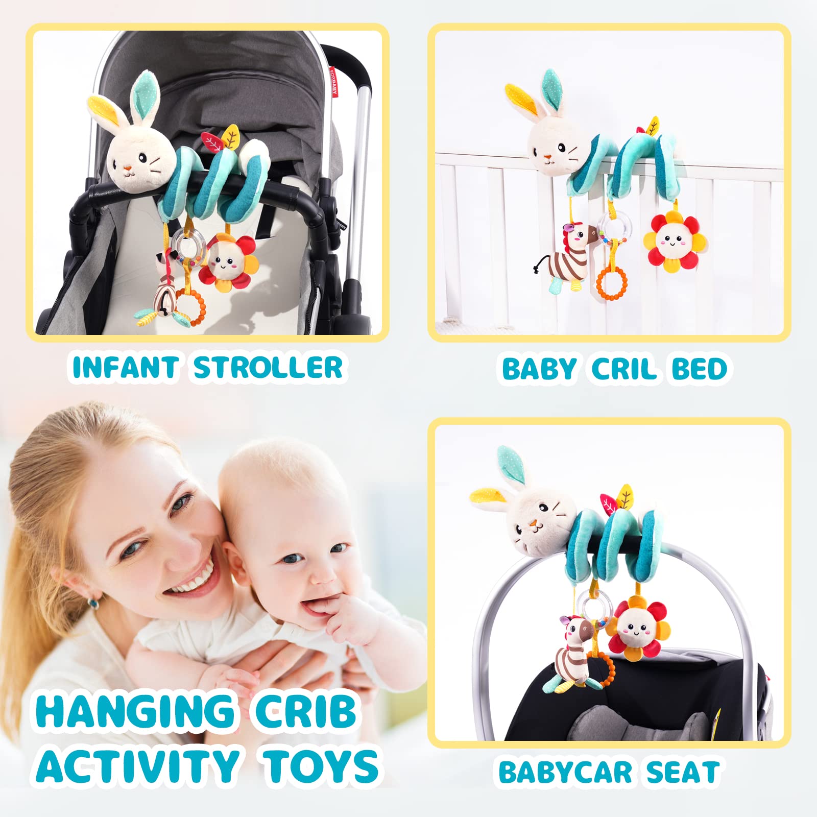 Koty Car Seat Toys, Infant Spiral Plush Toys, Baby Stroller Toys Hanging Crib Activity Toy for CarSeat Crib Bed Stroller, Rabbit Hanging Rattle Gifts for Babies 0-6 Months（Rabbit）