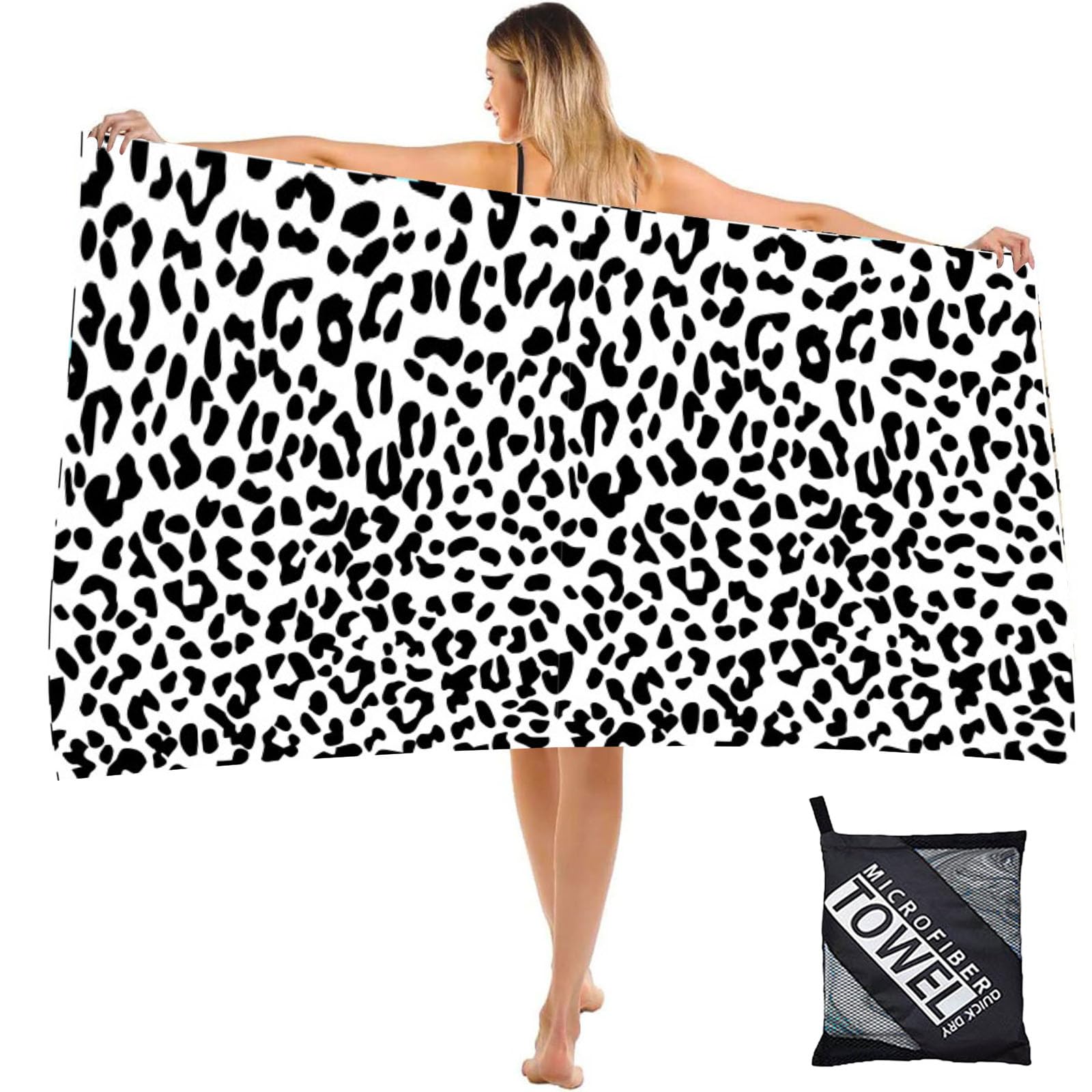 Large Thin Microfibre Beach Towel with Bag for Adult Men Women,160x90cm Leopard Beach Towels Quick Dry Sand Free Lightweight Swim Bath Towel for Travel,Swimming,Pool,Holiday,Camping,Yoga,Gym Sports