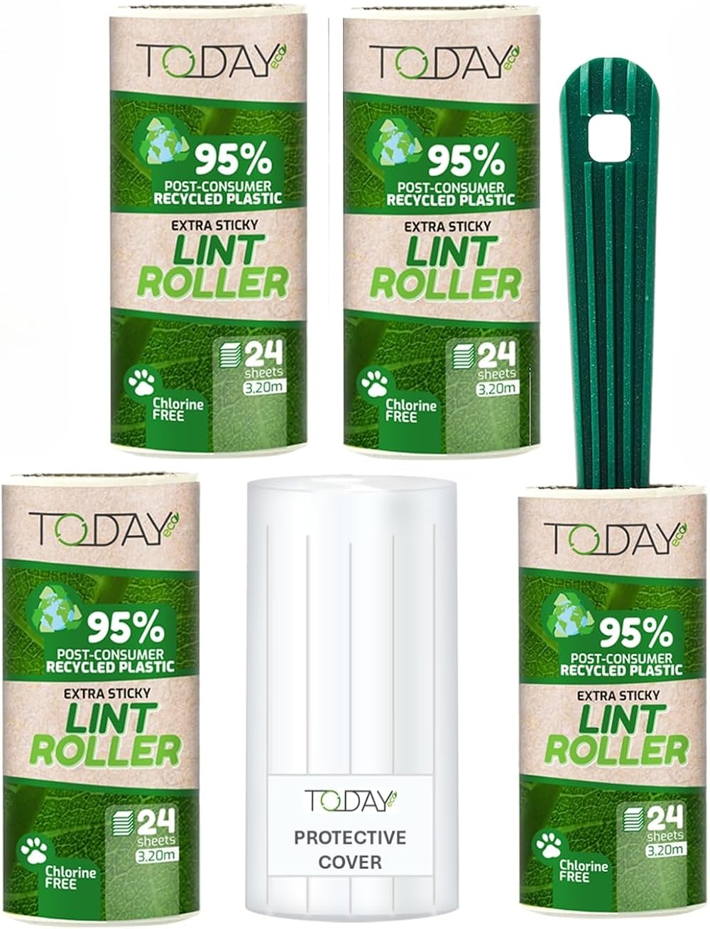 Today Eco Lint Rollers 4 Pack 95% Recycled Plastic 24 Sheets Cat Dog Hair