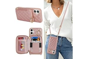 Hamany Crossbody Wallet Case for iPhone 16 Plus, PU Leather Zipper Handbag Purse Flip Cover, Kickstand Folio Case with Card Slots Holder Wrist Strap Lanyard 5G 6.7 Inch-Rose Gold