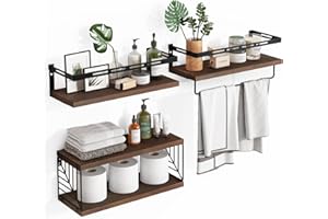 Fixwal 3+1 Tier Wall Mounted Bathroom Shelves Over Toilet, Rustic Wood Floating Shelves with Metal Frame and Towel Bar for Bathroom, Kitchen, Bedroom, Living Room (Dark Brown)