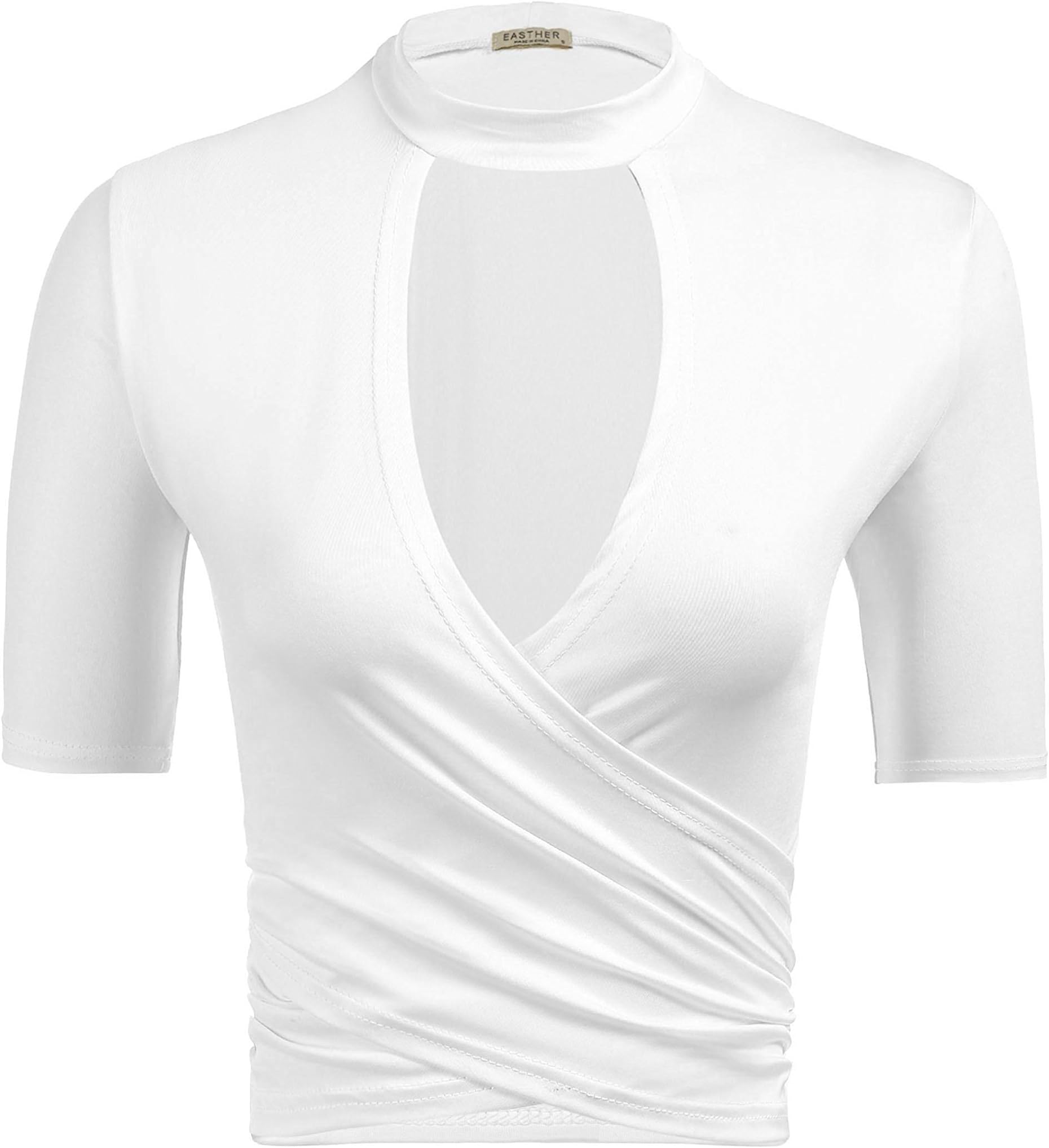 EASTHER Women's Cut Out V Neck Short Sleeve Cross Wrap Slim Fit Sexy Crop Tops
