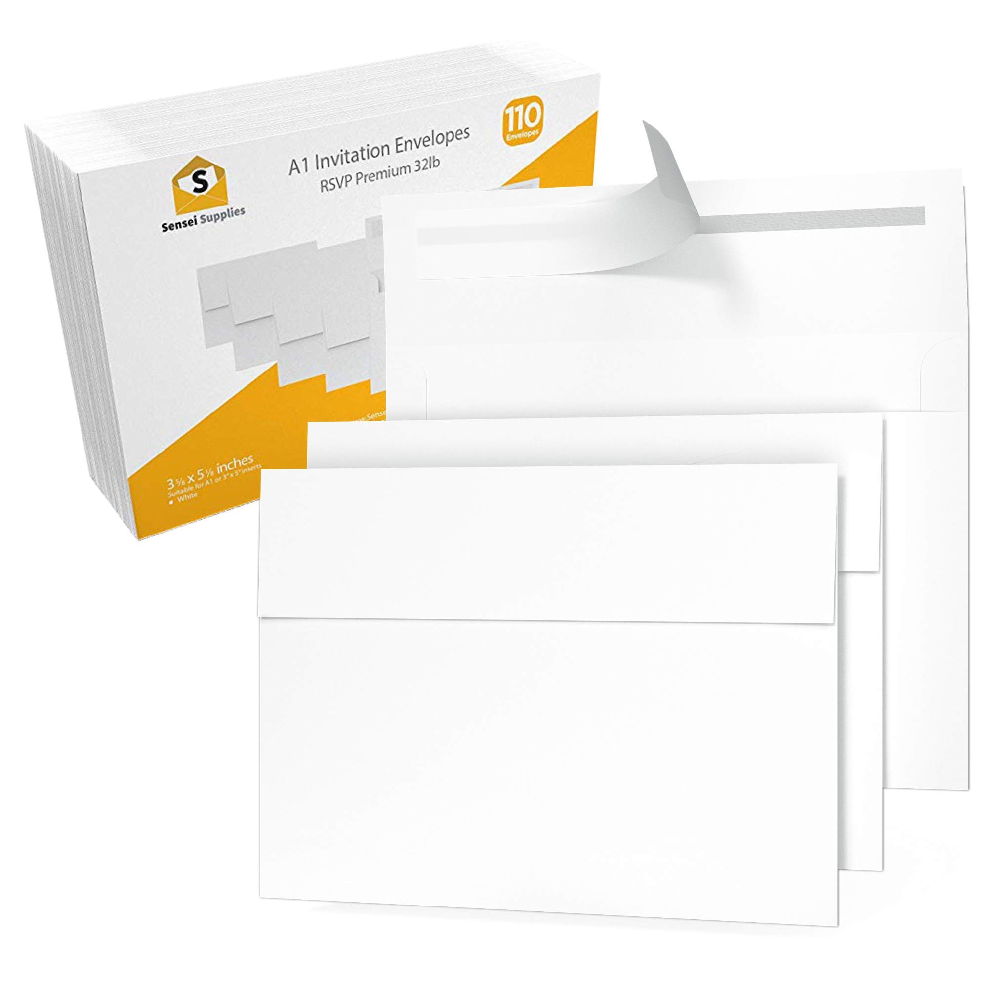 Photo 1 of 110 3.5x5 White RSVP Small Envelopes - A1 - For Weddings Response Cards, Baby Showers, Thank You Notes, Photos and any 3” x 5” inserts (3 5/8 x 5 1/8 inches) - W/Peel, Press & Self Seal - Square Flap