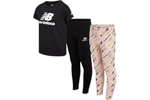 New Balance Girls Leggings Set - 3 Piece Short Sleeve Shirt and Leggings Outfit for Girls - Workout Yoga Pants (Sizes 7-16)