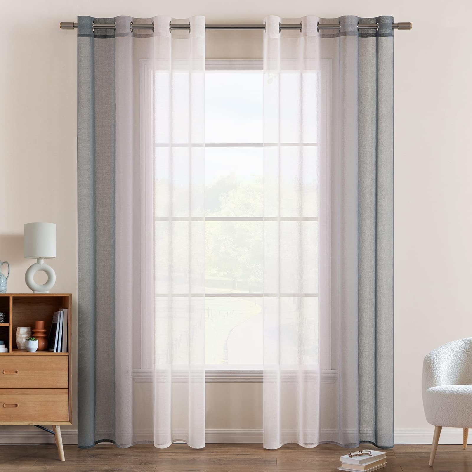 EMEMA Voile Curtain, Two-Tone Curtain with Eyelets, Transparent Curtain, Eyelet Curtain, Translucent Window Scarf for Bedroom, Set of 2, 140 x 200 cm, Grey