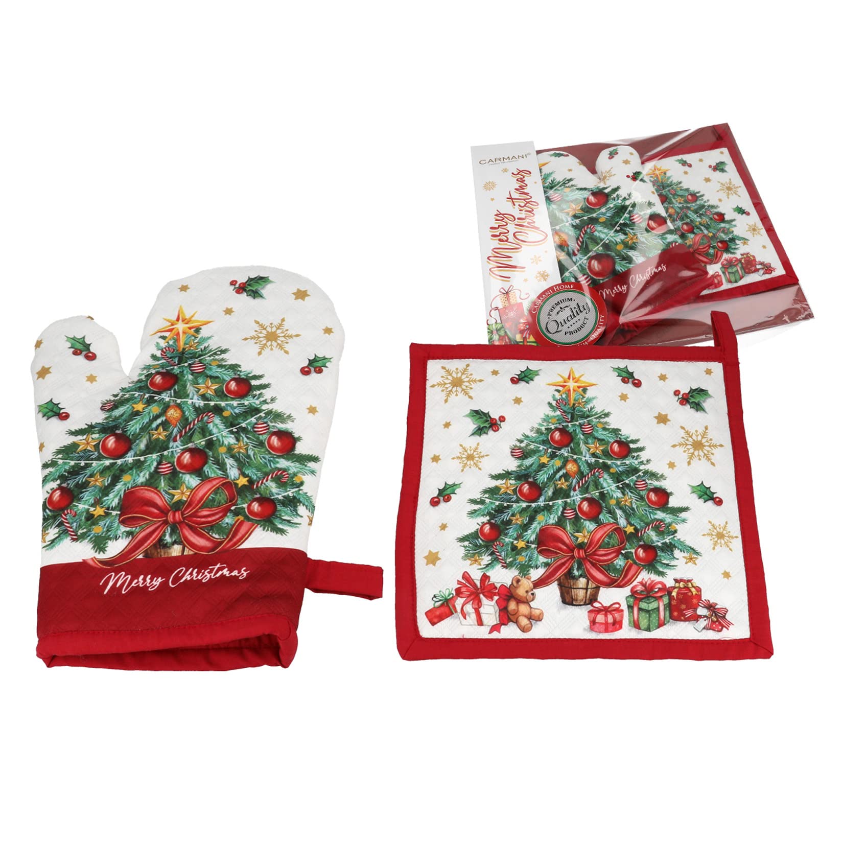 CARMANI - Decorative Oven Glove and Pot Holder Heat Resistant Non-Slip for Cooking, Baking, Grilling Printed with Christmas Theme