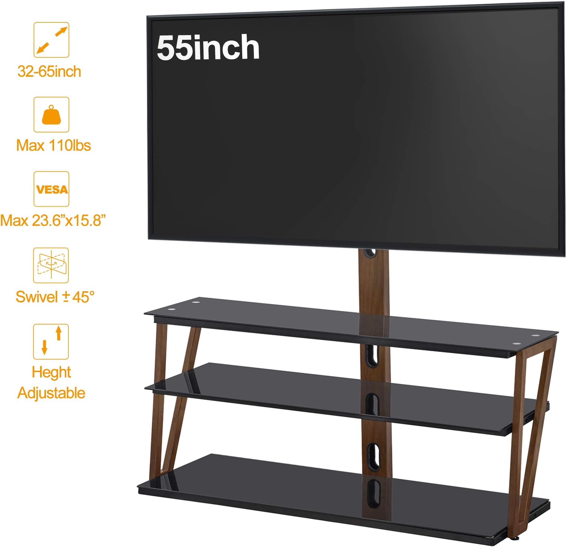 IANIYA Wooden Like Metal Frame Three-Layer Glass TV Stand, Height and Angle Adjustable,400600 VESA for 32~65 inch TV.
