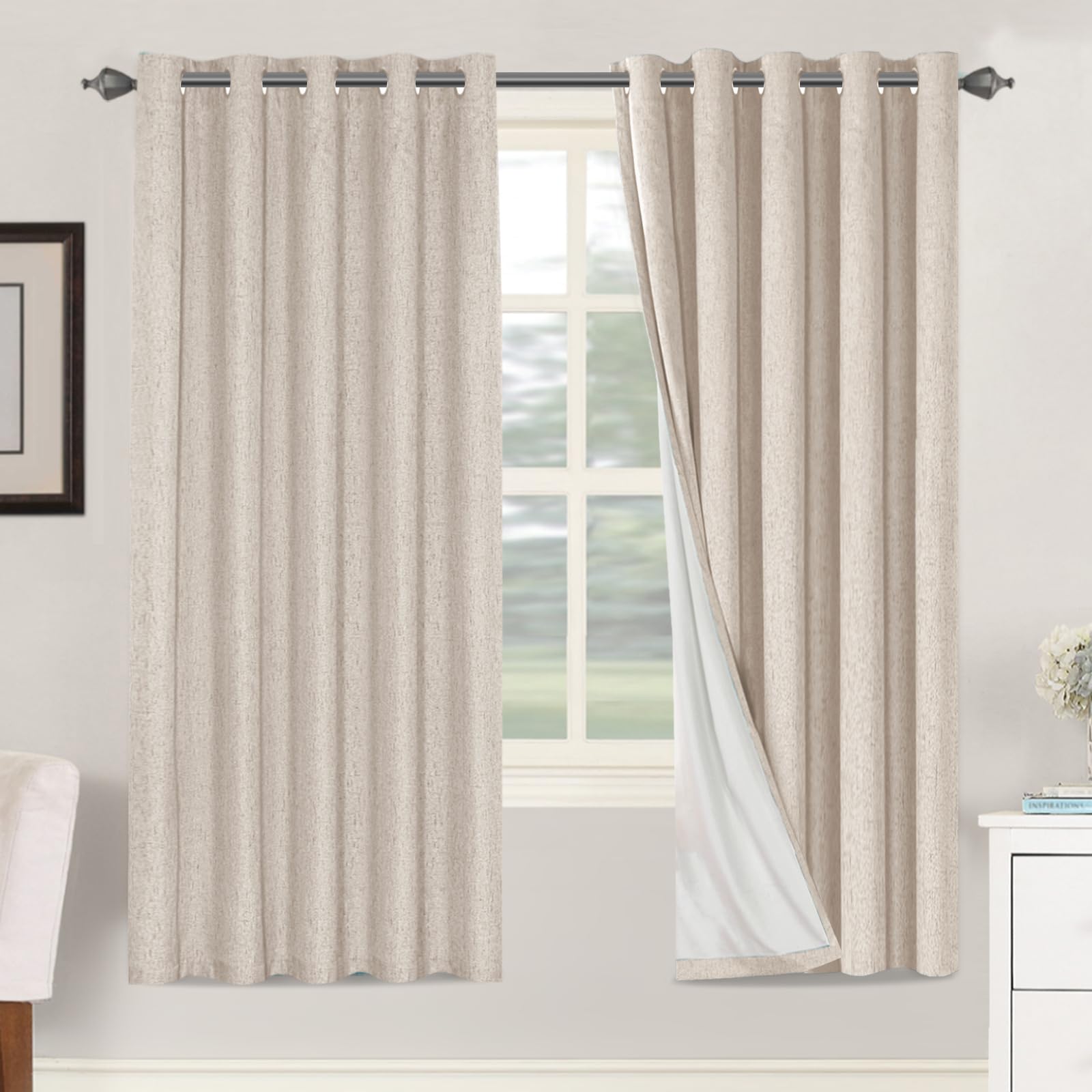 BellaHills 100% Blackout Curtains Linen Textured Blackout Curtains for Bedroom Full Light Blocking Thermal Insulated Curtain Panels Energy Saving with White Liner, 2 Panels, 66 x 72 Inch, Natural
